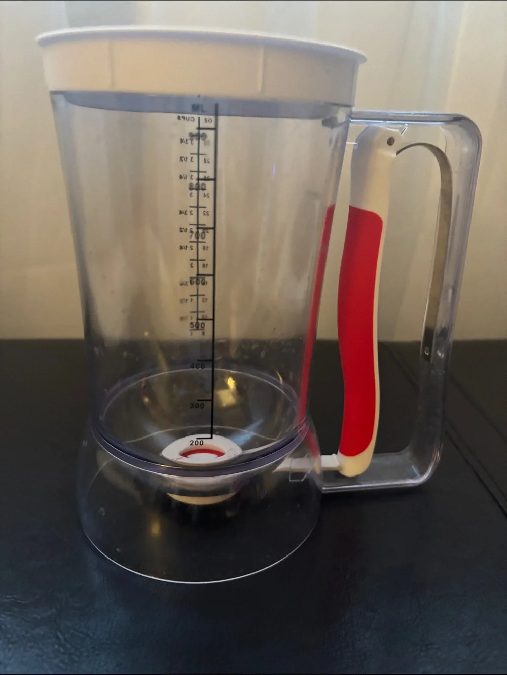 Red and White Batter Dispenser with Clear Measuring Cup - Kitchen Pouring Tool